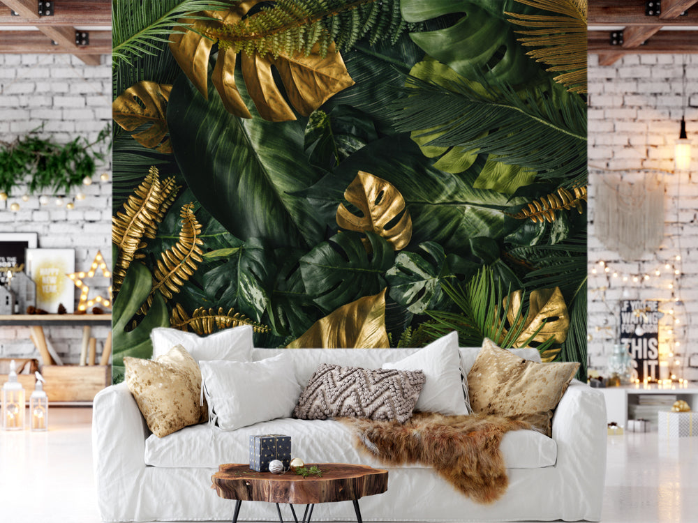 Gorgeous Green And Golden Leaf Customized Wallpaper