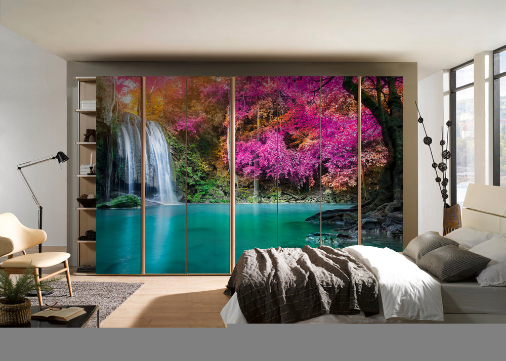 Waterfall In Pink Valley Painting Self Adhesive Sticker For Wardrobe