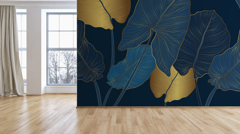 Tropical Golden Dark Blue Wallpaper