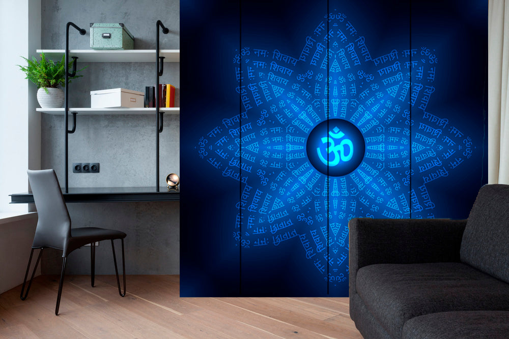 Om In Blue Shade Flower Self Adhesive Sticker For Wardrobe