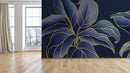 Tropical Blue Leaf Golden Line Wallpaper
