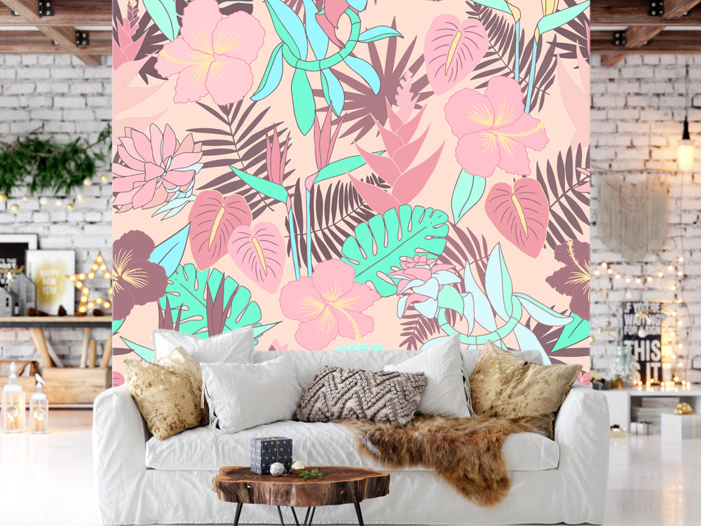 Illustration Floral Seamless Pattern Leaves Bloom Customized Wallpaper
