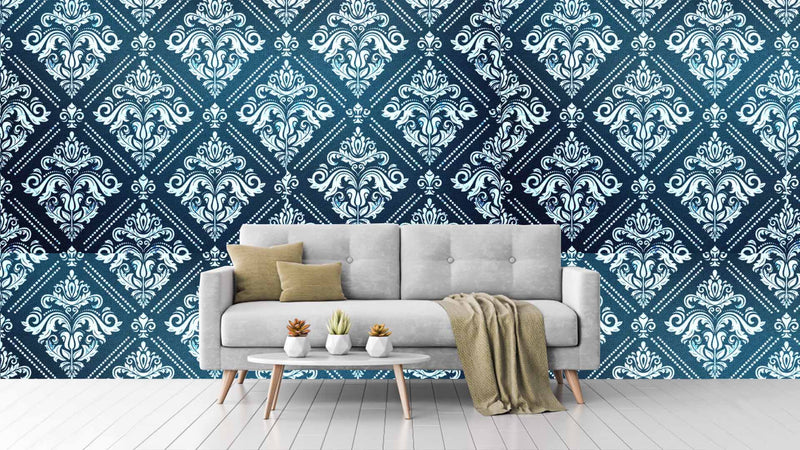 Exotic Blue White Pattern Wallpaper