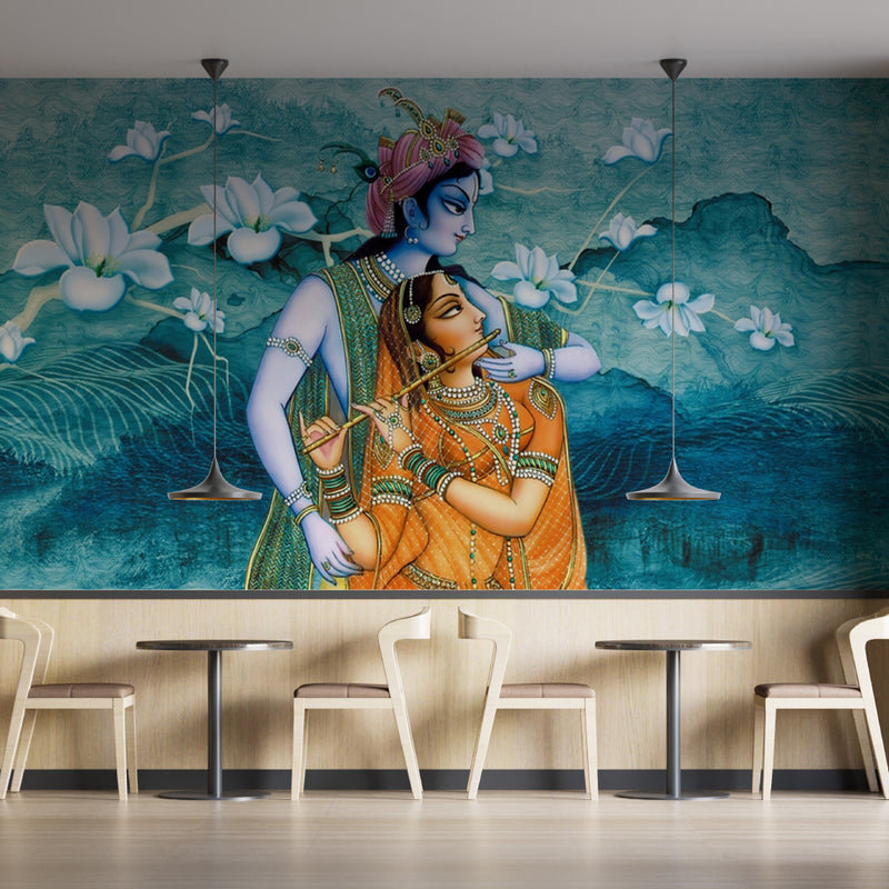 Radha Krishna with blue flower Wallpaper