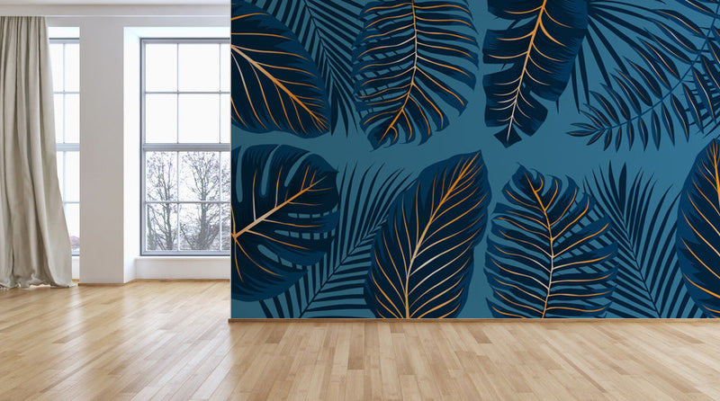 Blue Leaf Blue Background Tropical Wallpaper