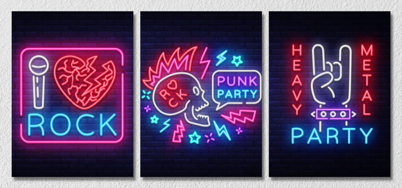 Neon Lit Graphic Wall Art, Set Of 3