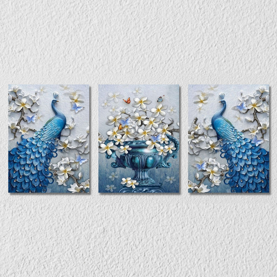 Blue White Peacock Floral, Set Of 3