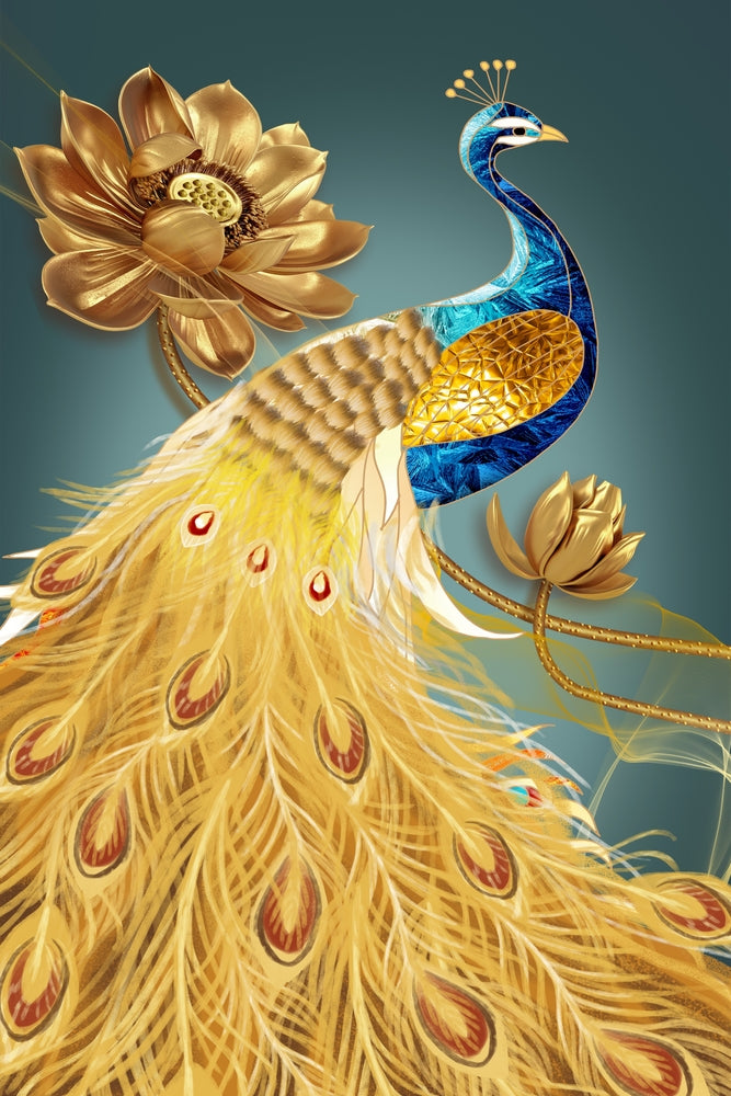 Golden feather Peacock Art Self Adhesive Sticker For Refrigerator