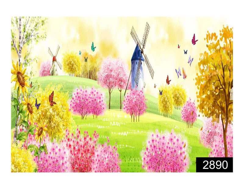 WindMill and Bloosms Flowers Wallpaper for Wall