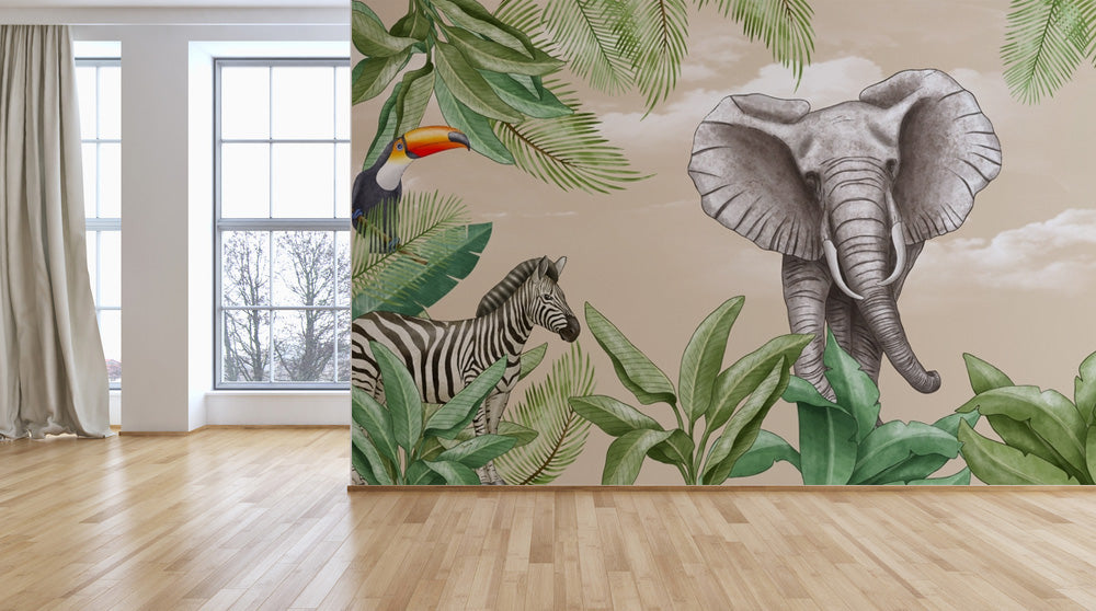 Elephant Zebra Tropical Wallpaper