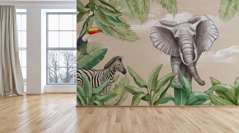 Elephant Zebra Tropical Wallpaper