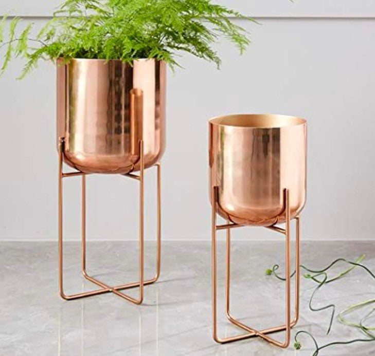 Set Of 2 Brass Finished Metal Planter