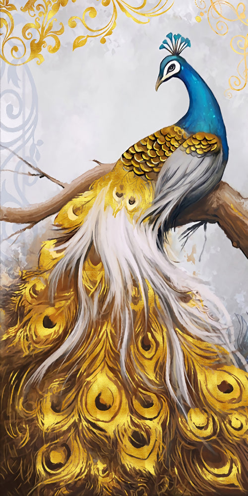 Golden peacock On Tree Art Self Adhesive Sticker For Refrigerator