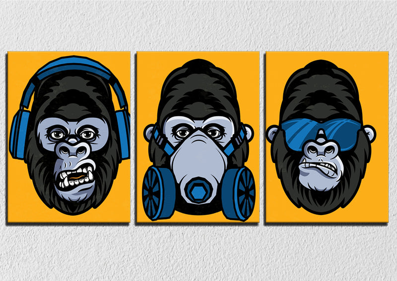 Monkey Headphone Yellow Art, Set Of 3