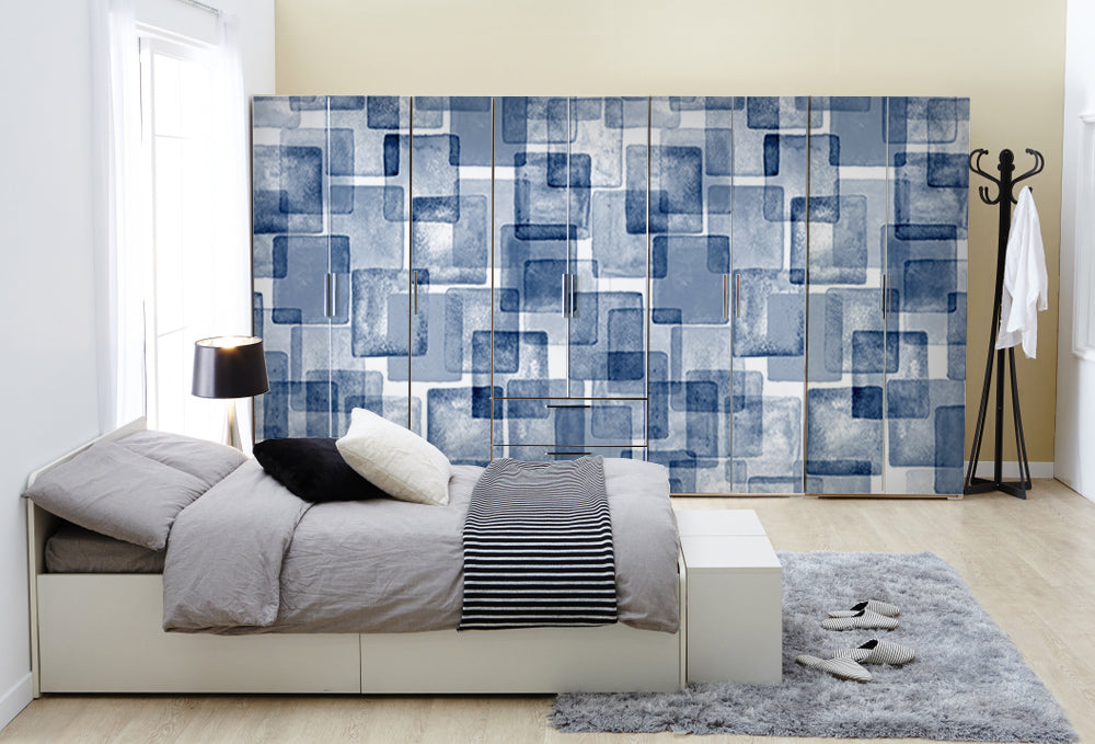 Blue Shaded 3D Boxes Self Adhesive Sticker For Wardrobe