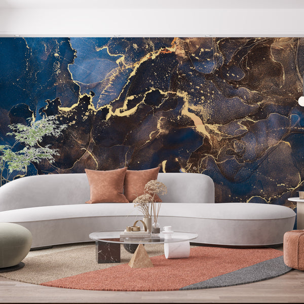 Blue Gold Look Marble with Splash Wallpaper Mural  Wallmur