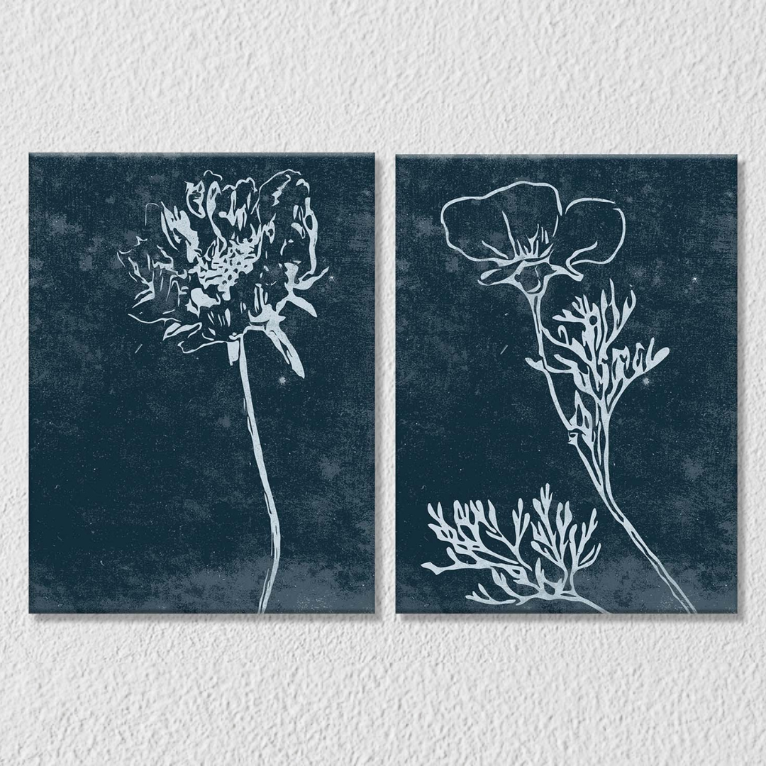 Blue White Floral Art, Set Of 2