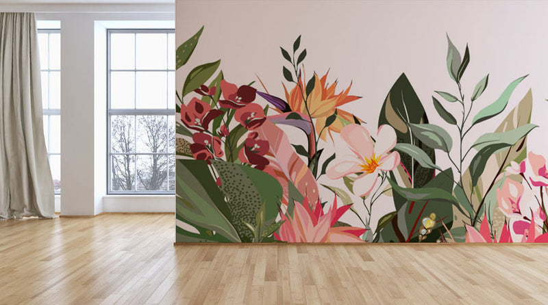 Pastel Colours Flower Leaves Tropical Wallpaper