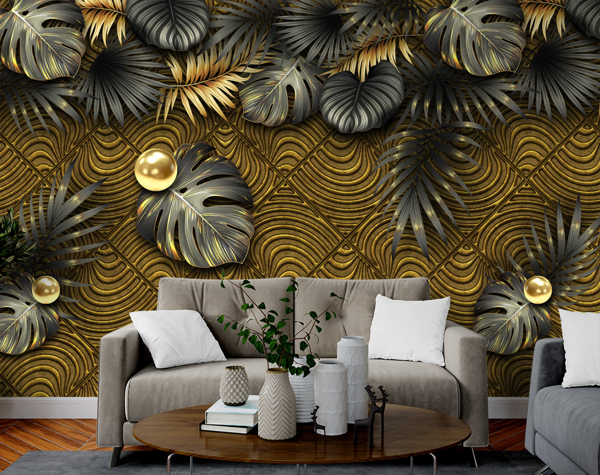 3D Shining Leaves With Golden Background Customised wallpaper for wall