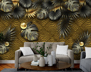 3D Shining Leaves With Golden Background Customised wallpaper for wall