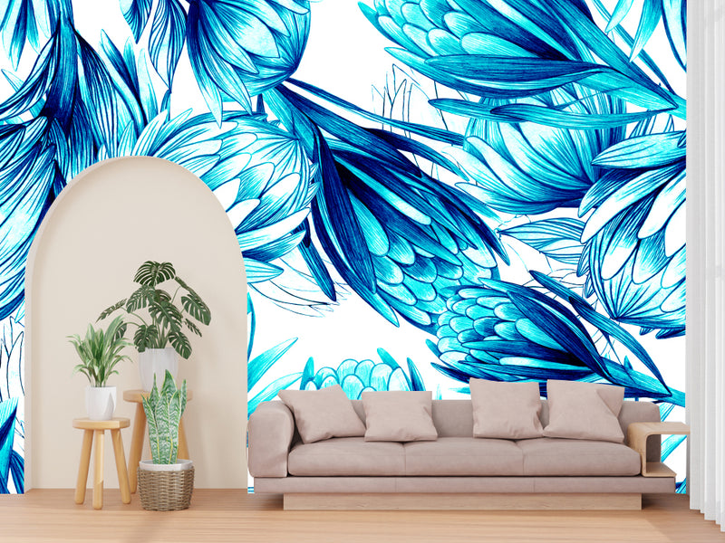 Blue Leaf and Floral Background Customized Wallpaper