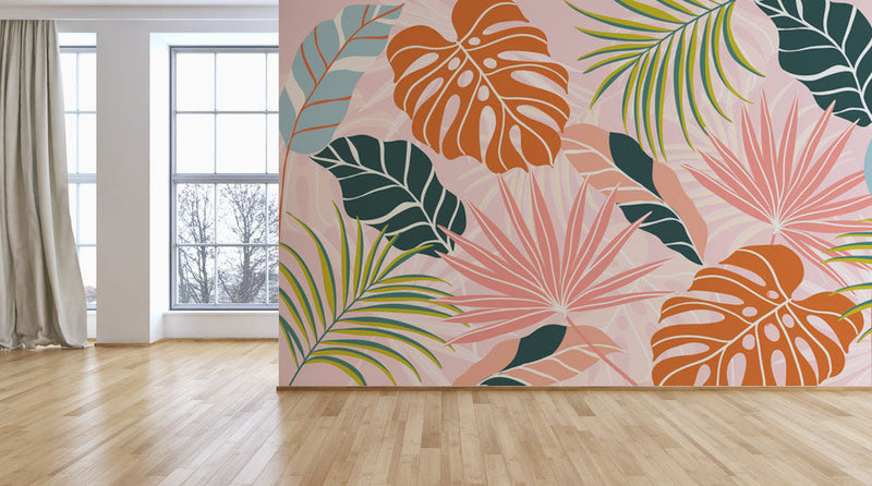 Pastel Different Leaves Tropical Wallpaper