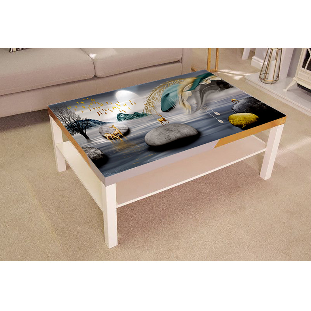 Golden Deers In Lake Painting Self Adhesive Sticker For Table