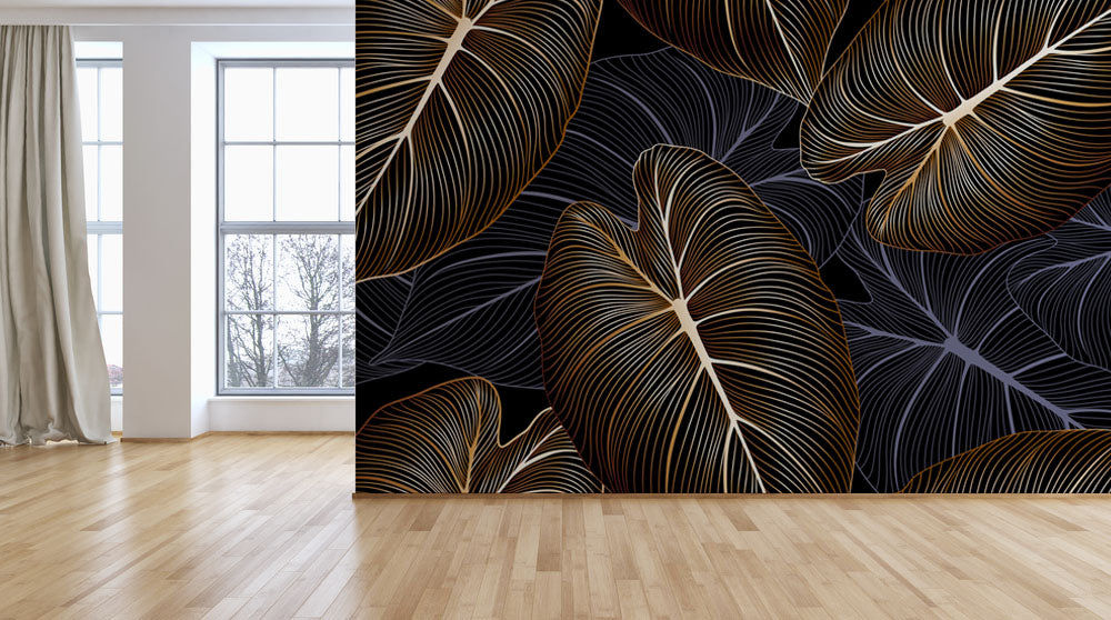 Golden Silver Leaf Tropical Wallpaper