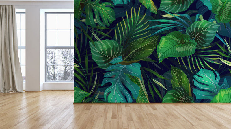 Blue Green Leaves Tropical Wallpaper