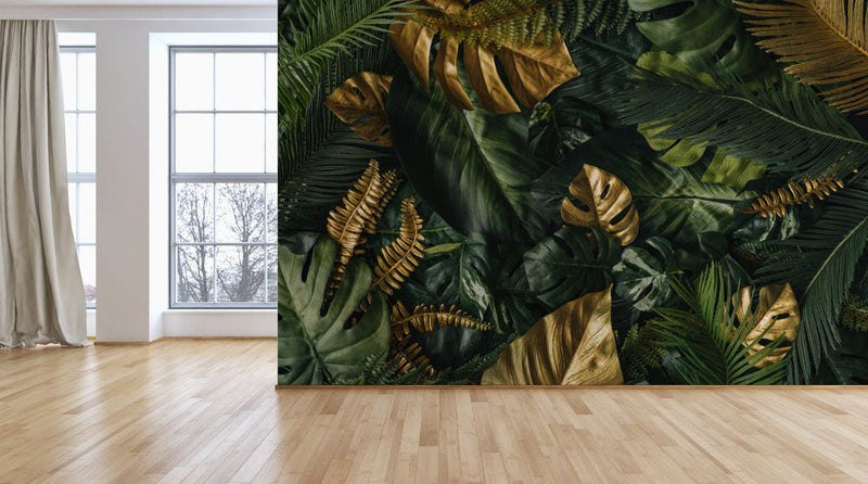 Green Golden Leaves Tropical Wallpaper