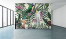 Parrots On Leaves Tropical Wallpaper