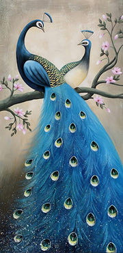Blue Peacocks Painting Art Self Adhesive Sticker For Refrigerator