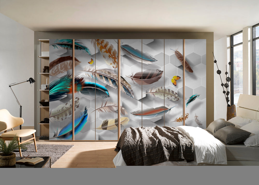 Colourful Feathers Self Adhesive Sticker For Wardrobe