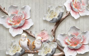 3D Floral bird pink wallpaper