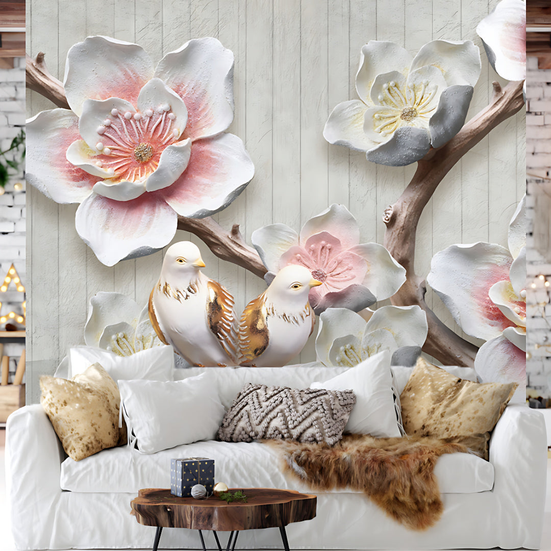 3D Floral bird pink wallpaper
