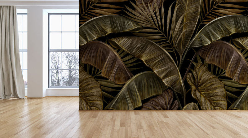 Golden Banana Leaves Tropical Wallpaper