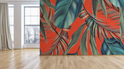 3D Leaves Orange Background Tropical Wallpaper