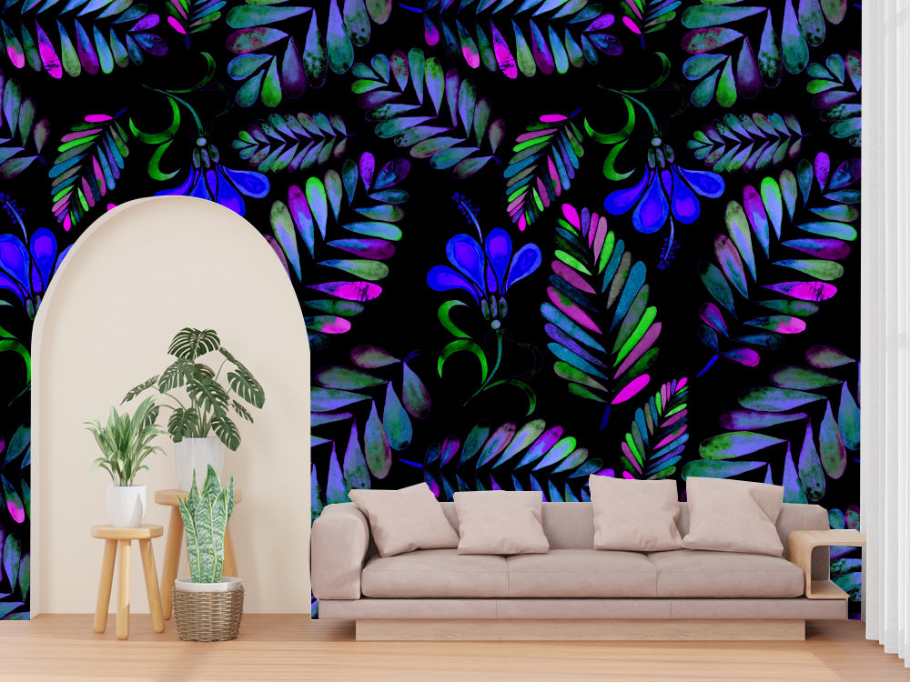 Blue Neon Leaves Customized Wallpaper