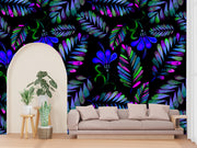 Blue Neon Leaves Customized Wallpaper