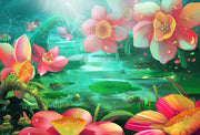 Pink Lotus In Green Lake Painting Self Adhesive Sticker For Wardrobe
