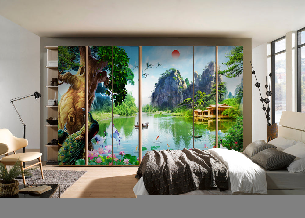 Green Nature With Mountain Painting Self Adhesive Sticker For Wardrobe