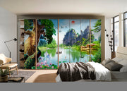 Green Nature With Mountain Painting Self Adhesive Sticker For Wardrobe