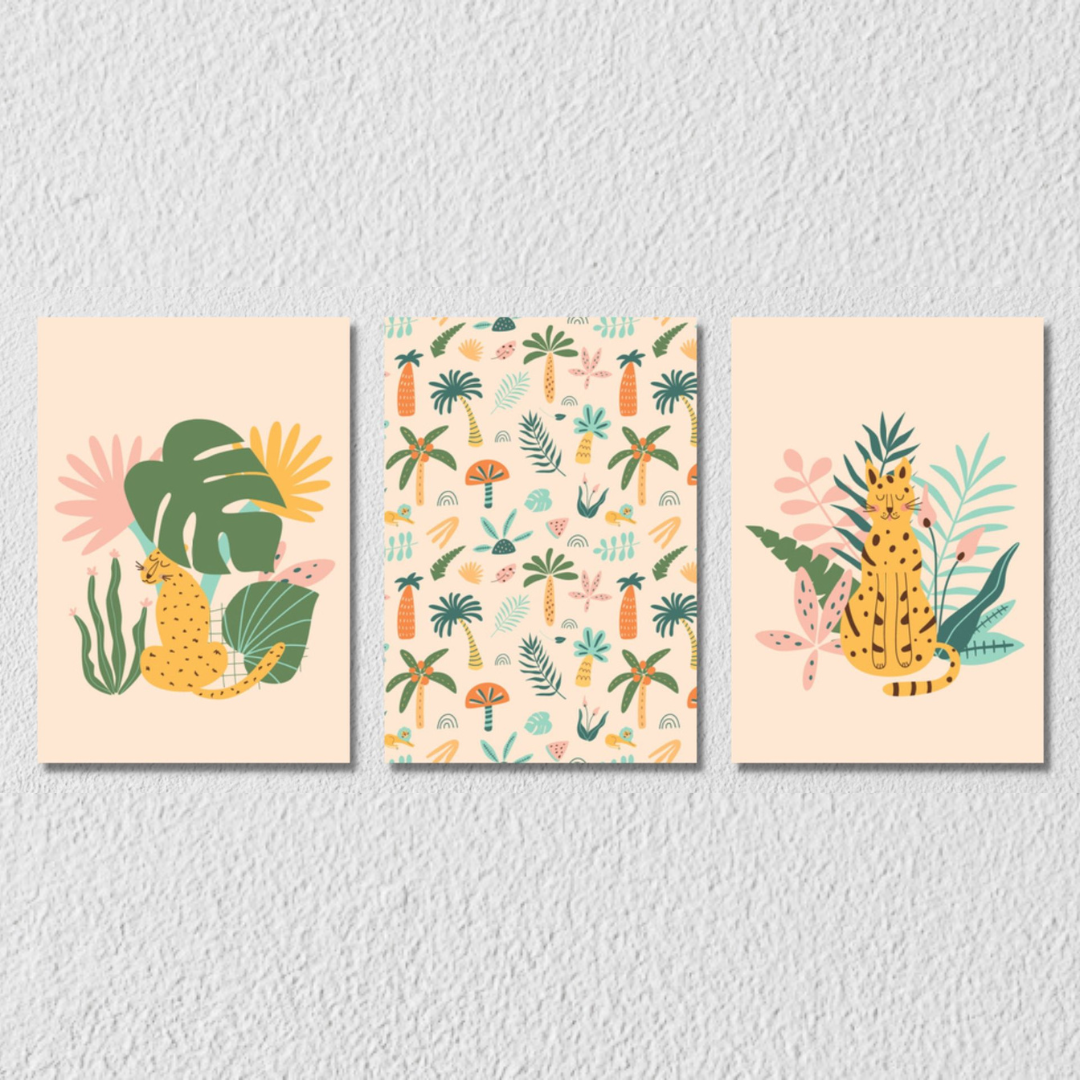 Tiger And The Leaves Art, Set Of 3