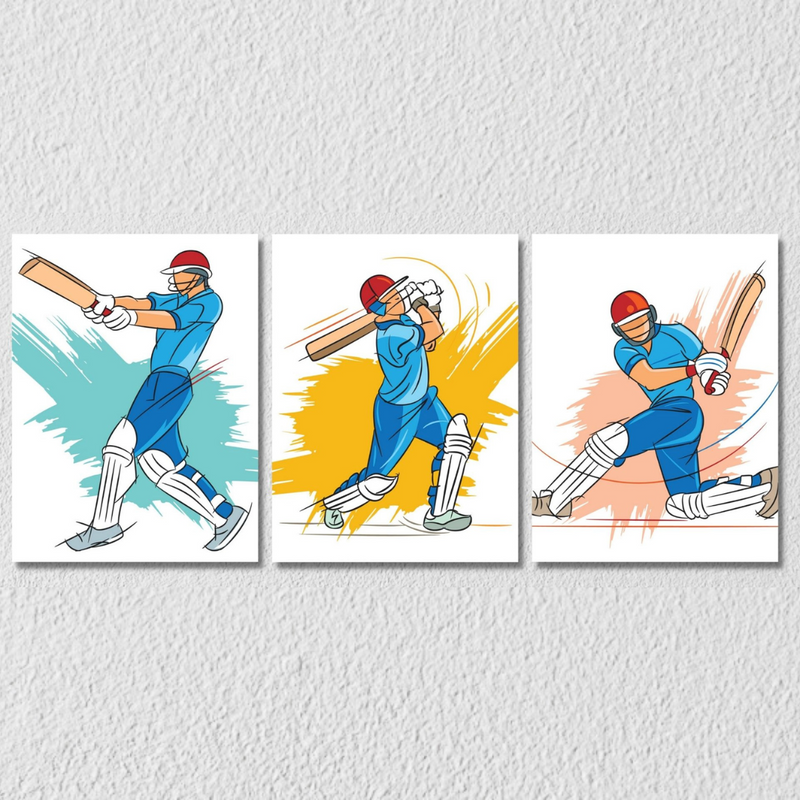 Cricket Batsman Wall Art, Set Of 3