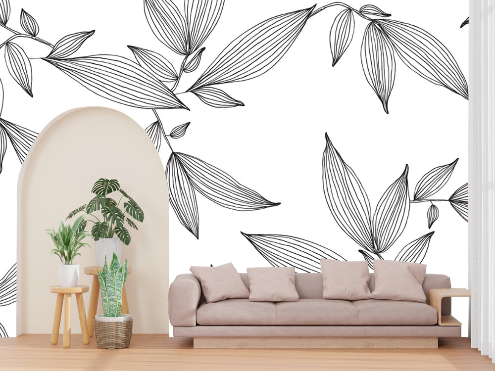 Black Line Art Leaves Customized Wallpaper