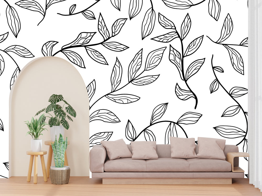 Black Line Art Leaves Customized Wallpaper