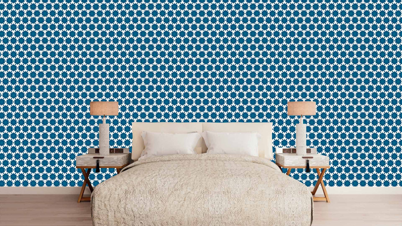 Blue White Exotic Pattern Wallpaper