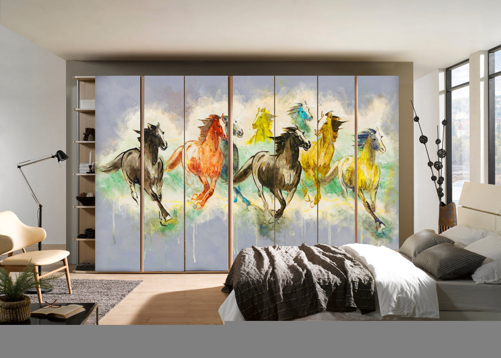 Running Horses Painting Self Adhesive Sticker For Wardrobe