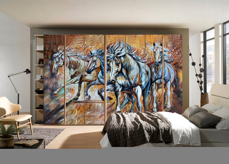 Horses Painting Self Adhesive Sticker For Wardrobe