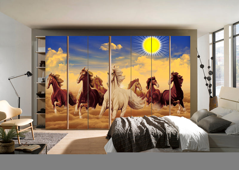 Running Horses In Sun Painting Self Adhesive Sticker For Wardrobe